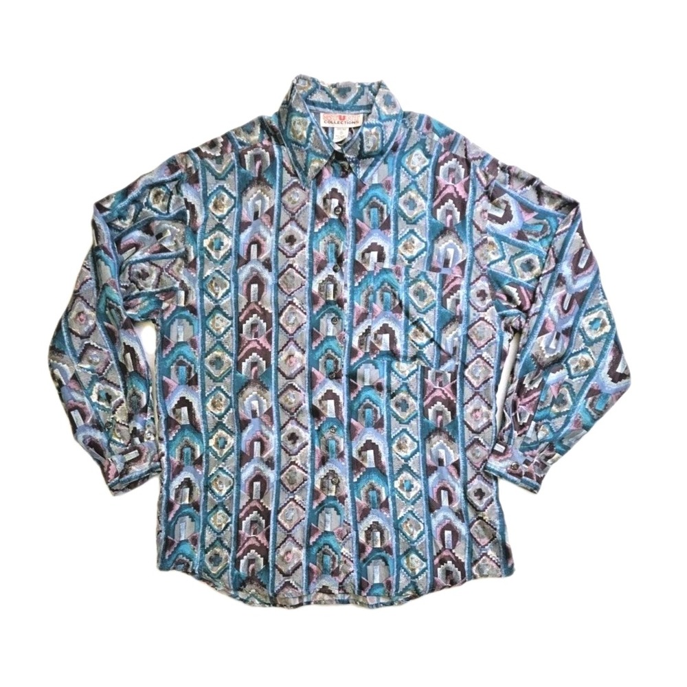 Vtg 1990s 100% Silk Aztec Geometric Southwest Button-Up Oversized Shirt Size‎ M